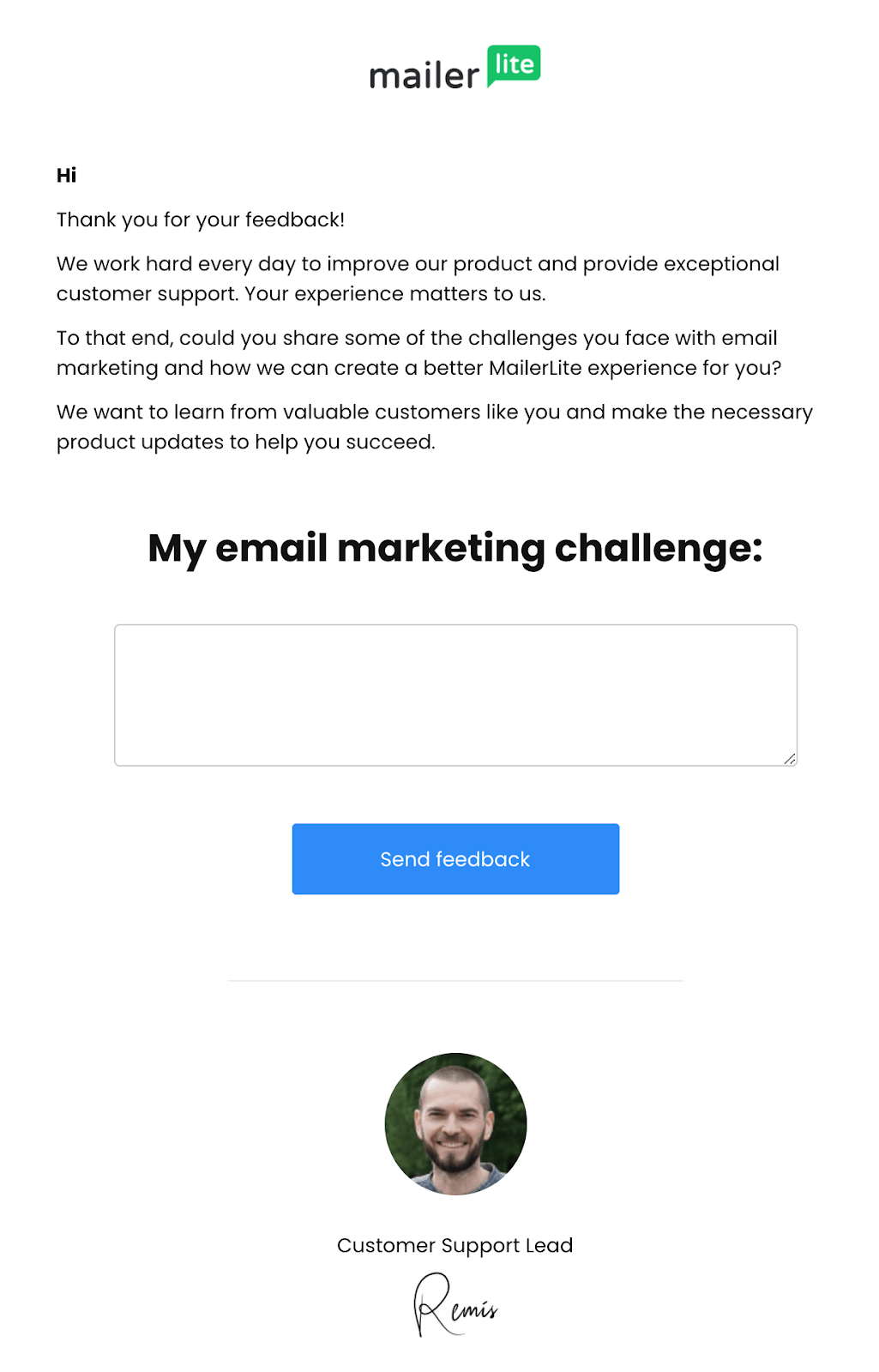 Follow up email from customer support manager mailerlite