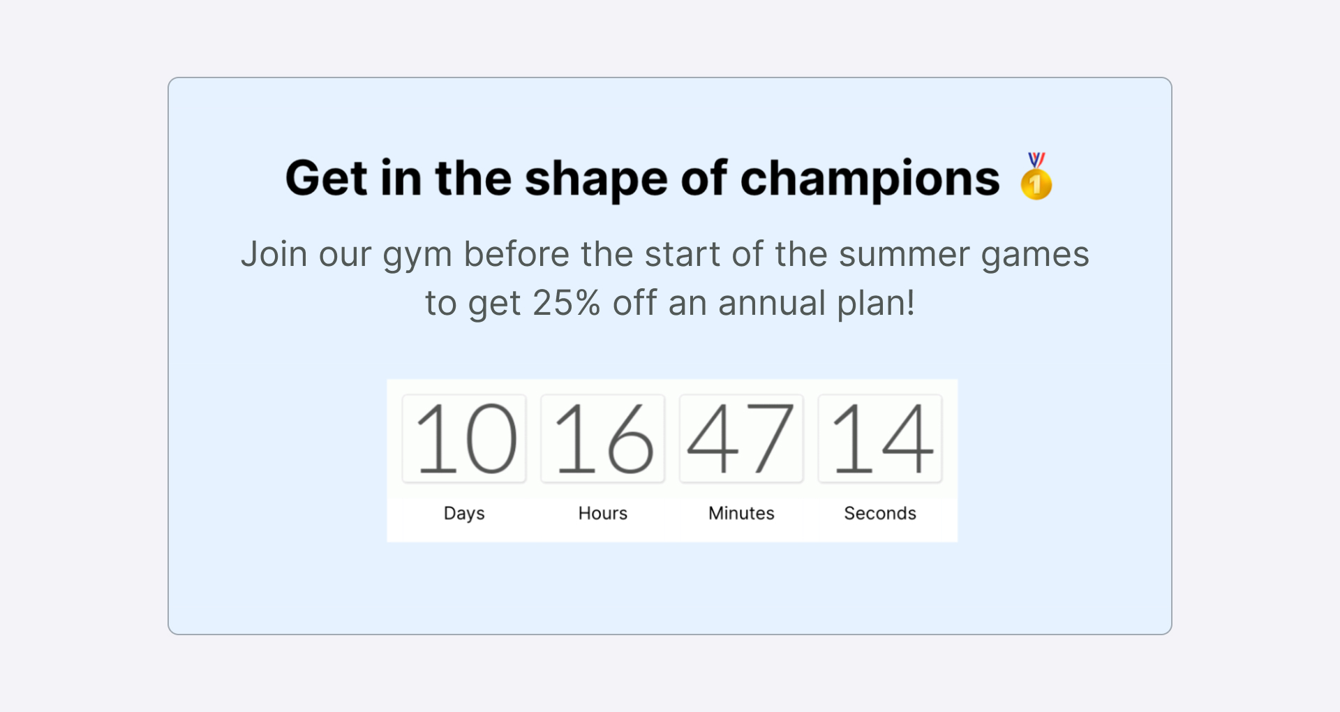 An embedded countdown time with an summer games-themed message.