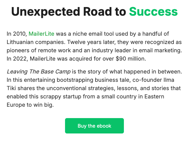 Screenshot of the blurb of Leaving the base camp 