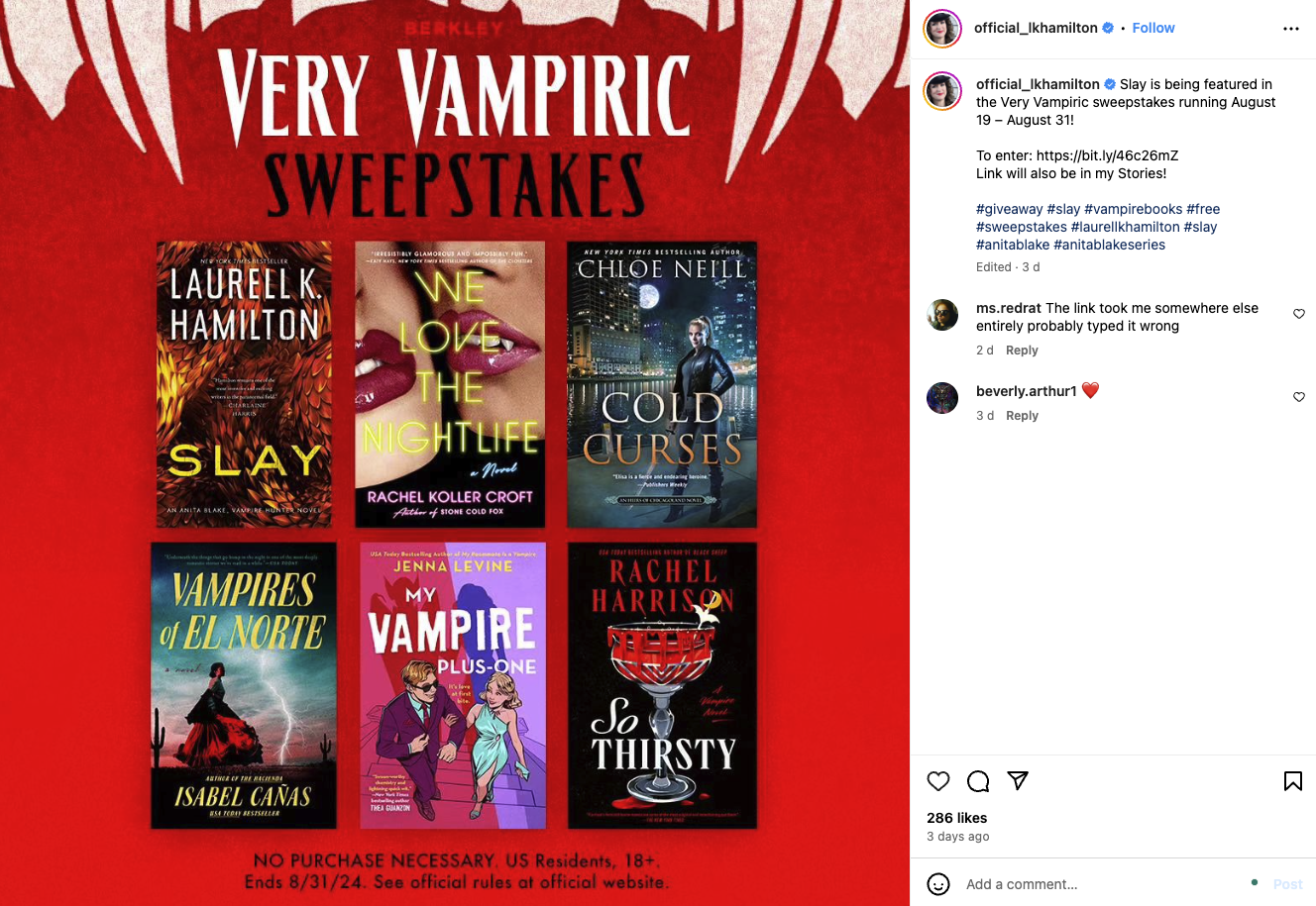 Instagram post for an author giveaway