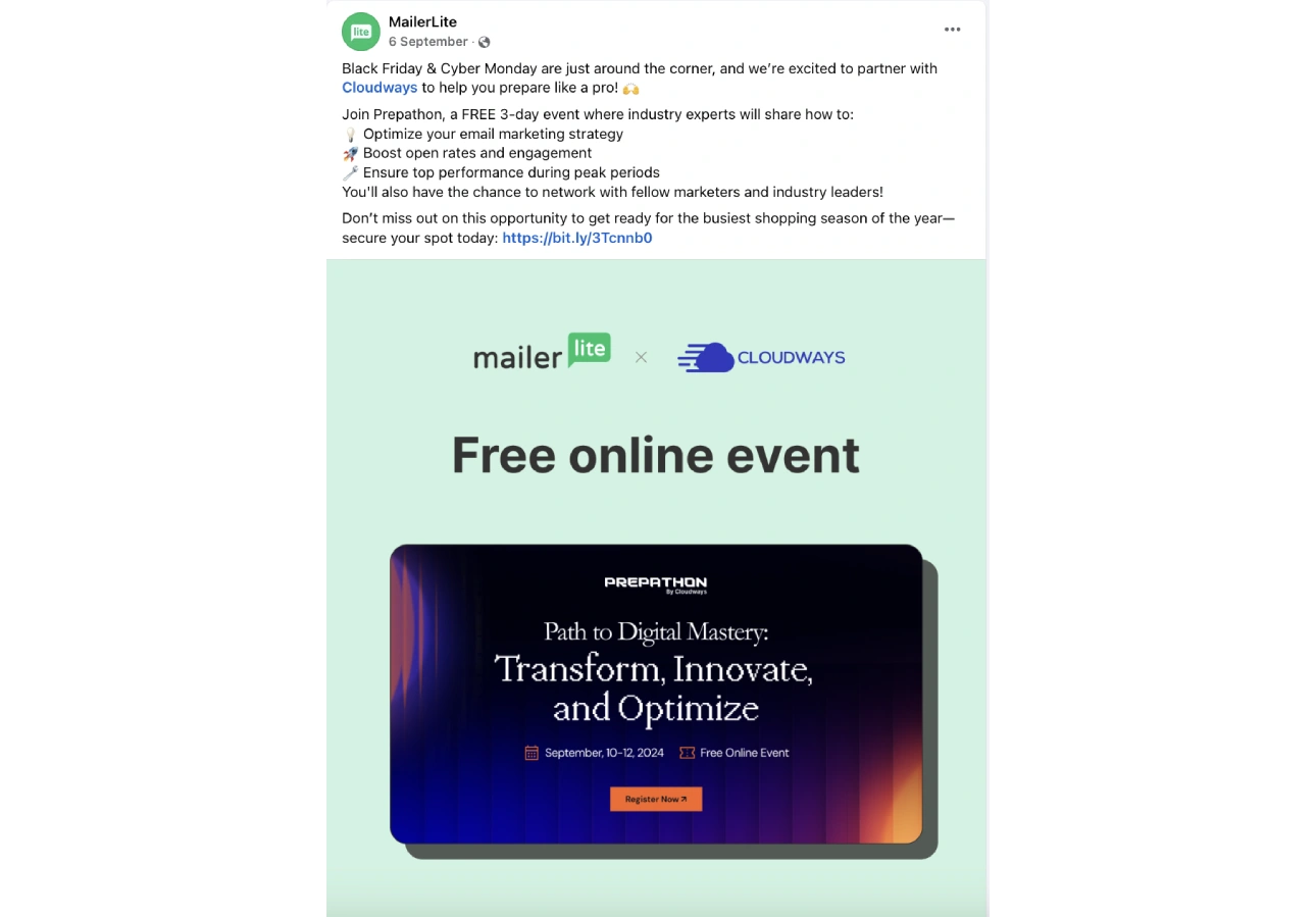 Cloudway and MailerLite webinar Facebook post.