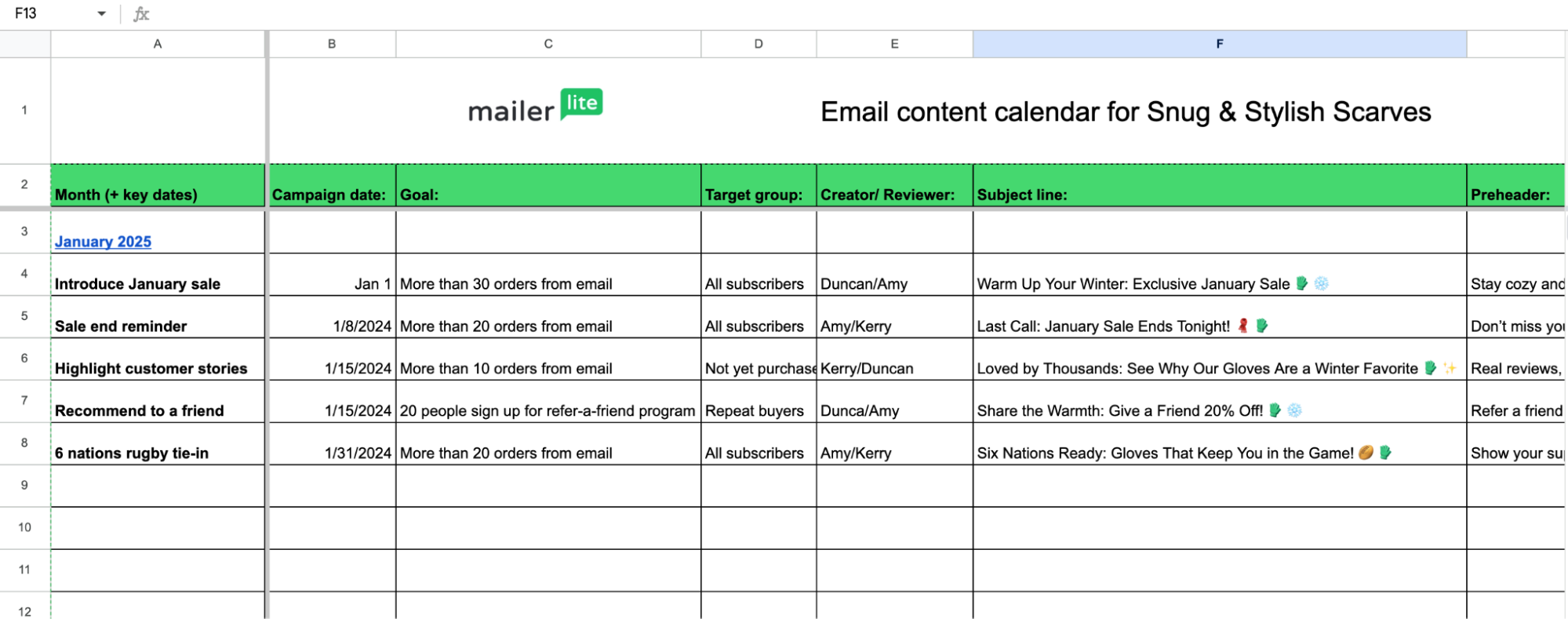 Screenshot of the MailerLite content calendar 