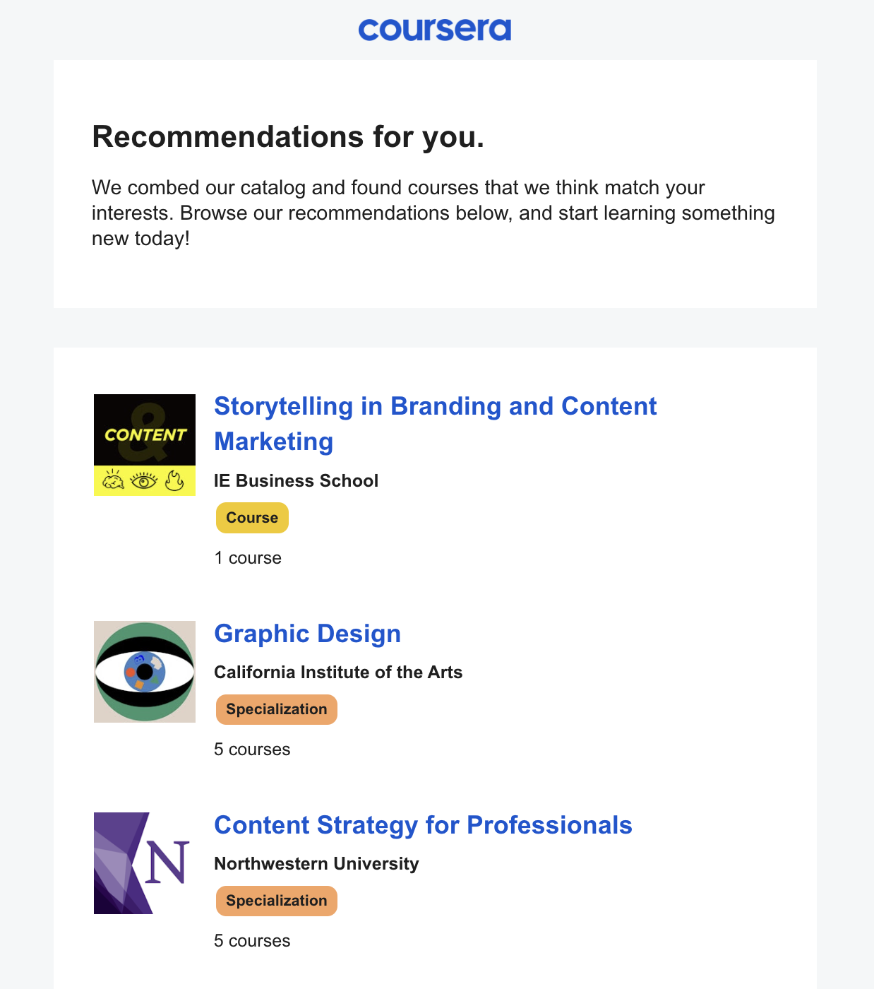 Coursera course recommendations email