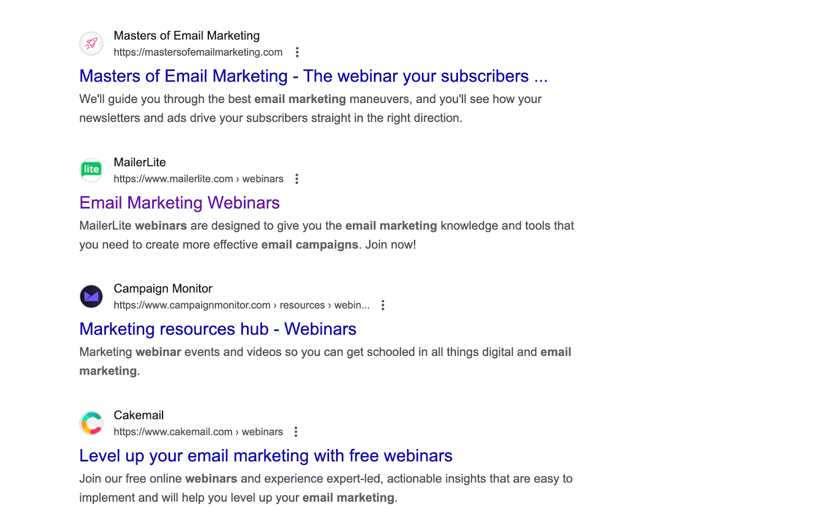 Screenshot of the Google search results when you search for 'Email marketing webinars'.