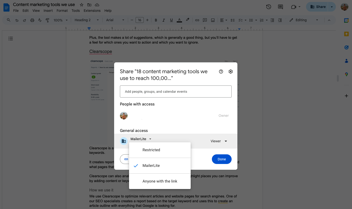 Google Workspace doc sharing options