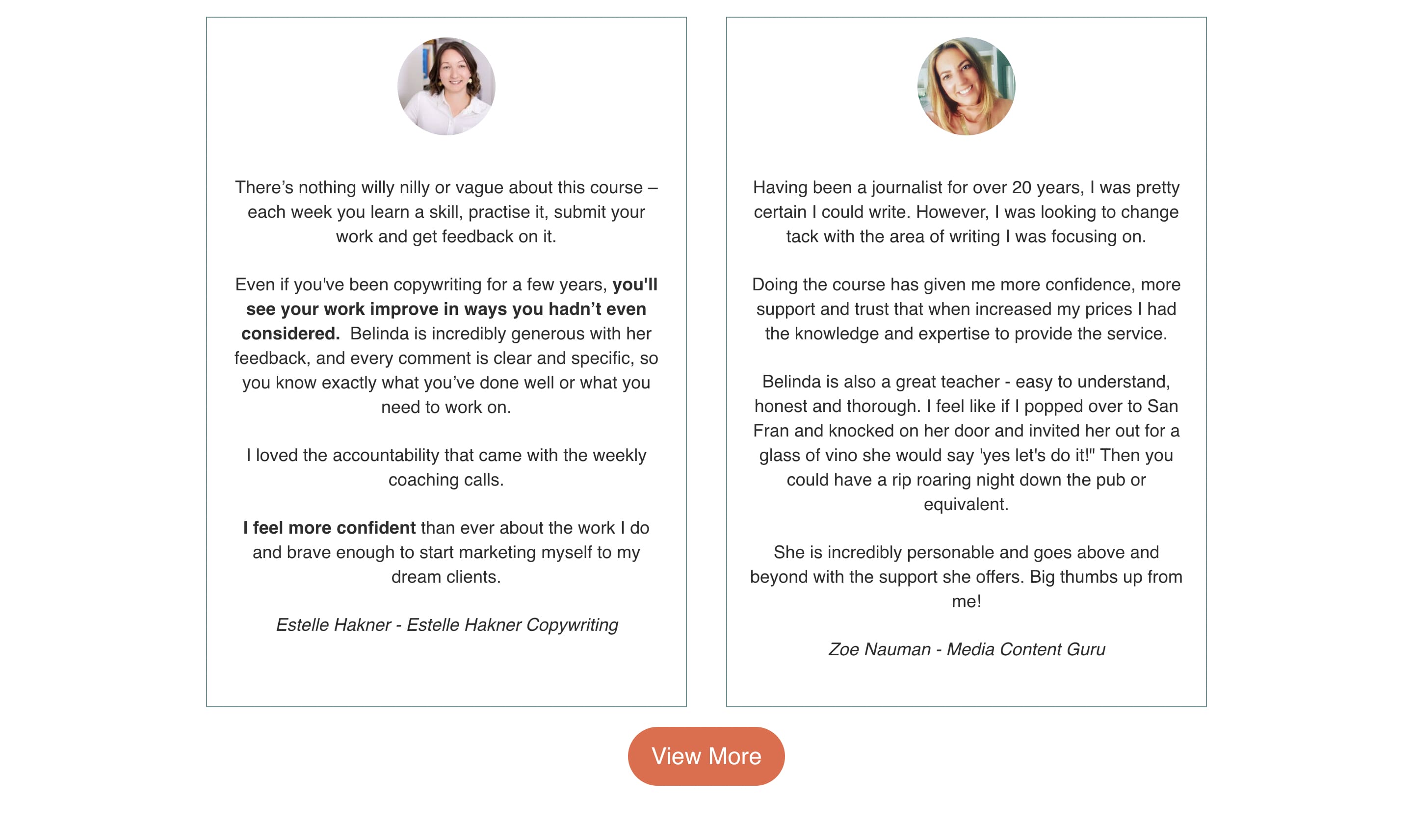 Online course testimonials example of two clients
