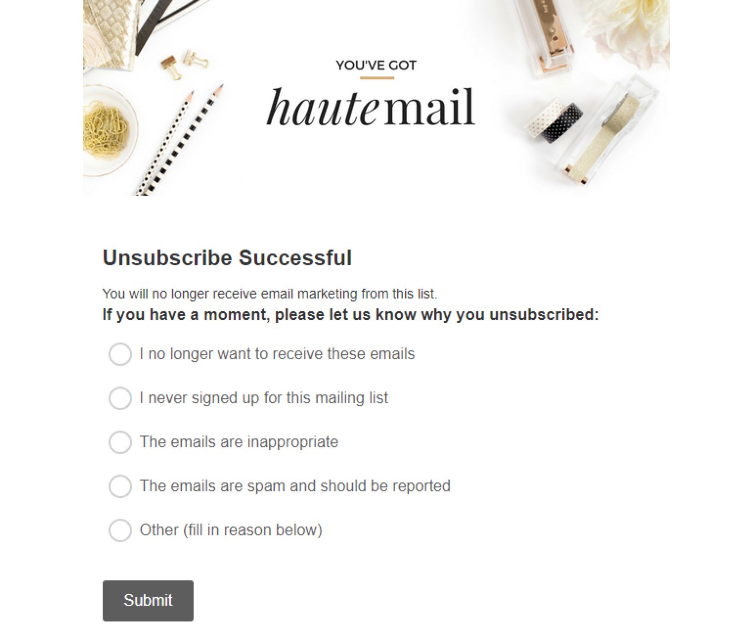 Haute mail unsubscribe page example