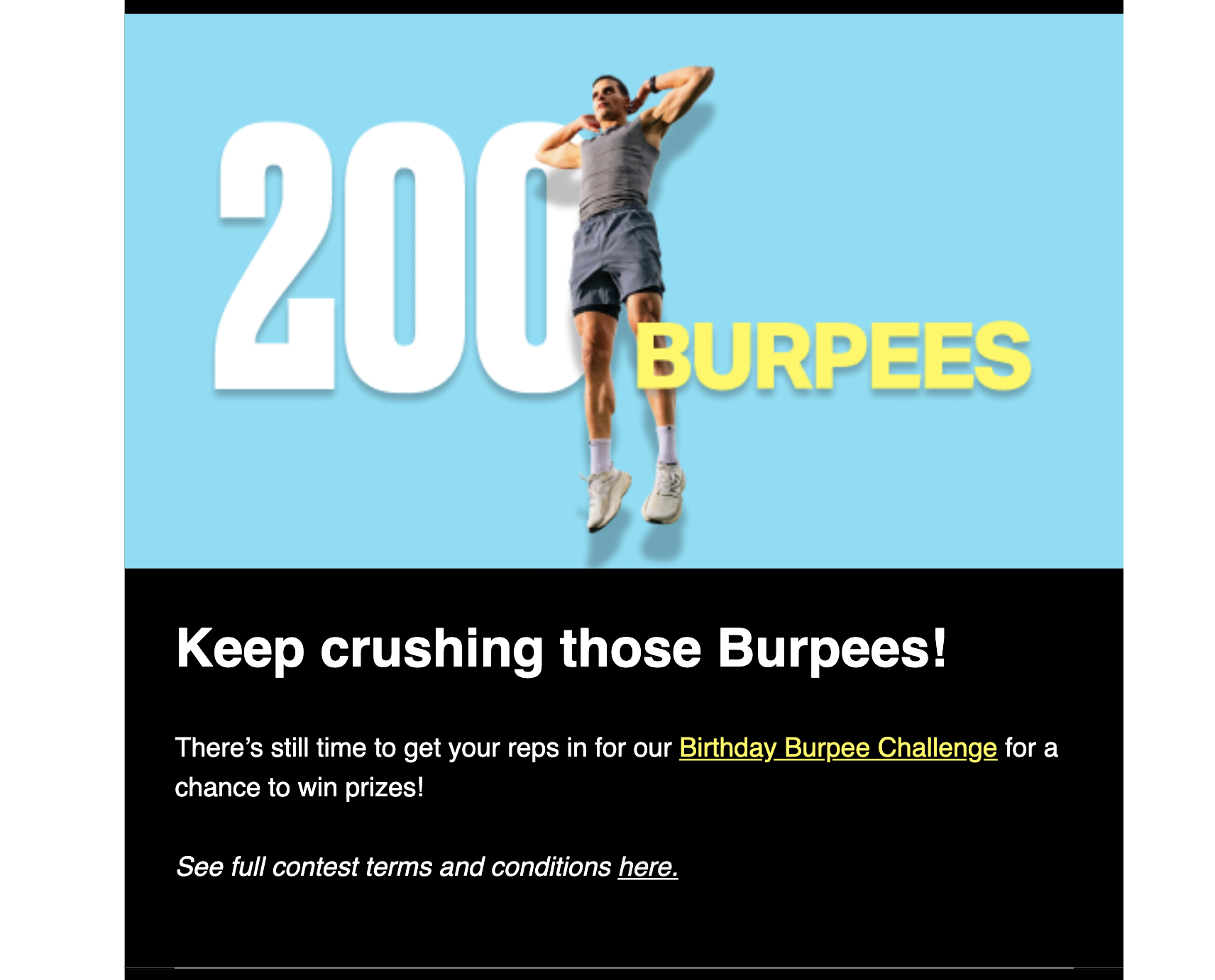 Olympic email example by Freelentics challenging subscribers with 200 burpees 
