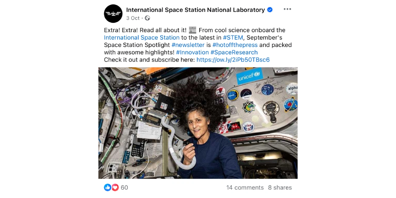 International Space Station Facebook post example with photo of Sunita Williams.