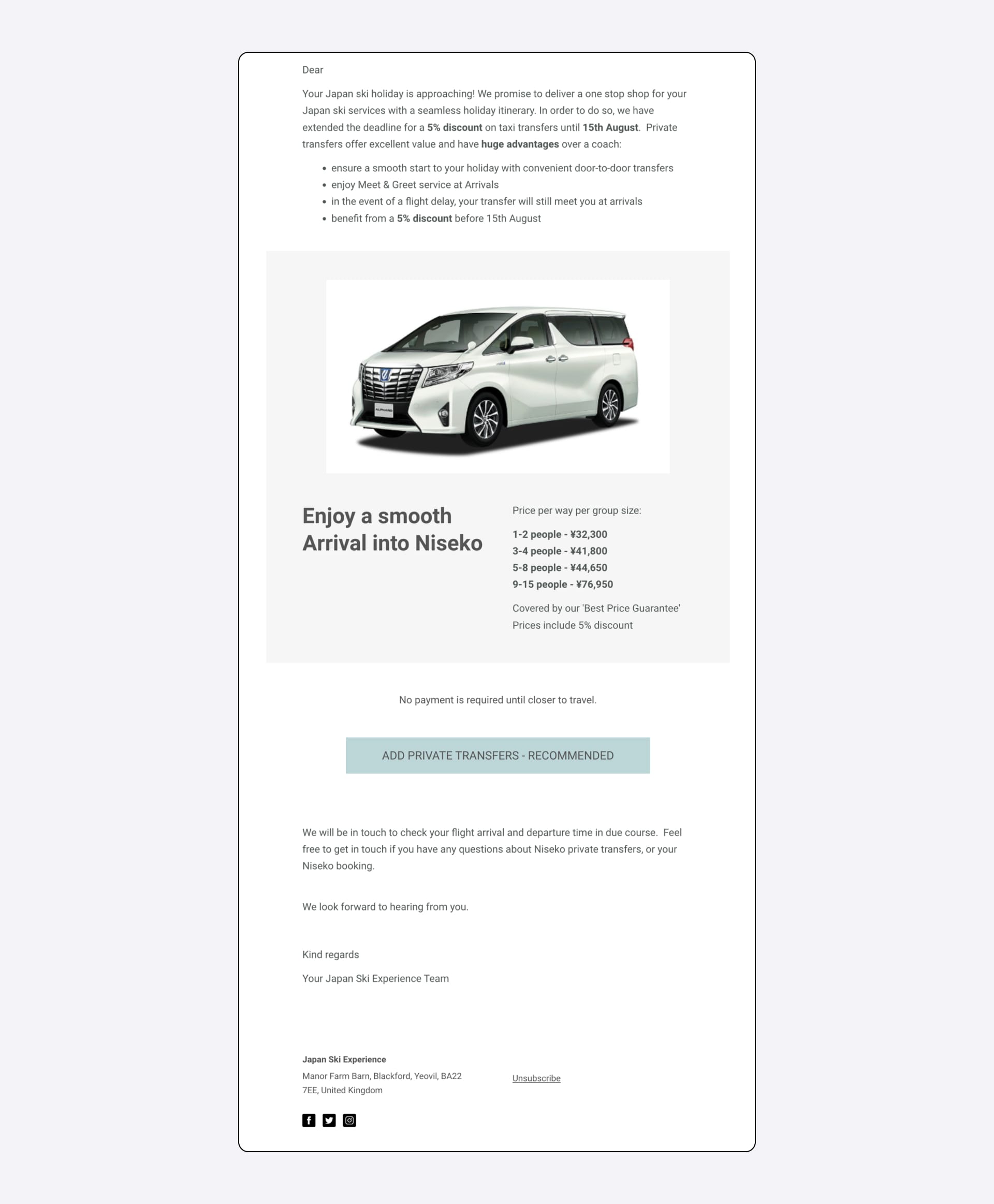 Screenshot of an mail promoting an airport transfer service