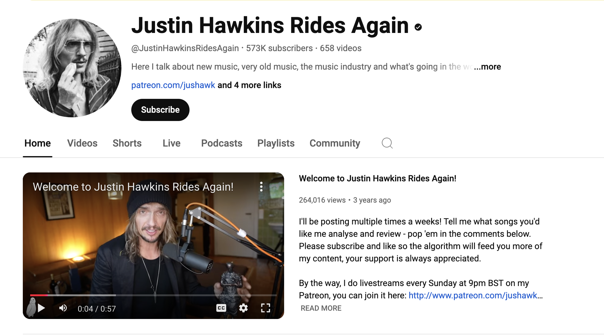 Juston Hawkins channel page and intro video