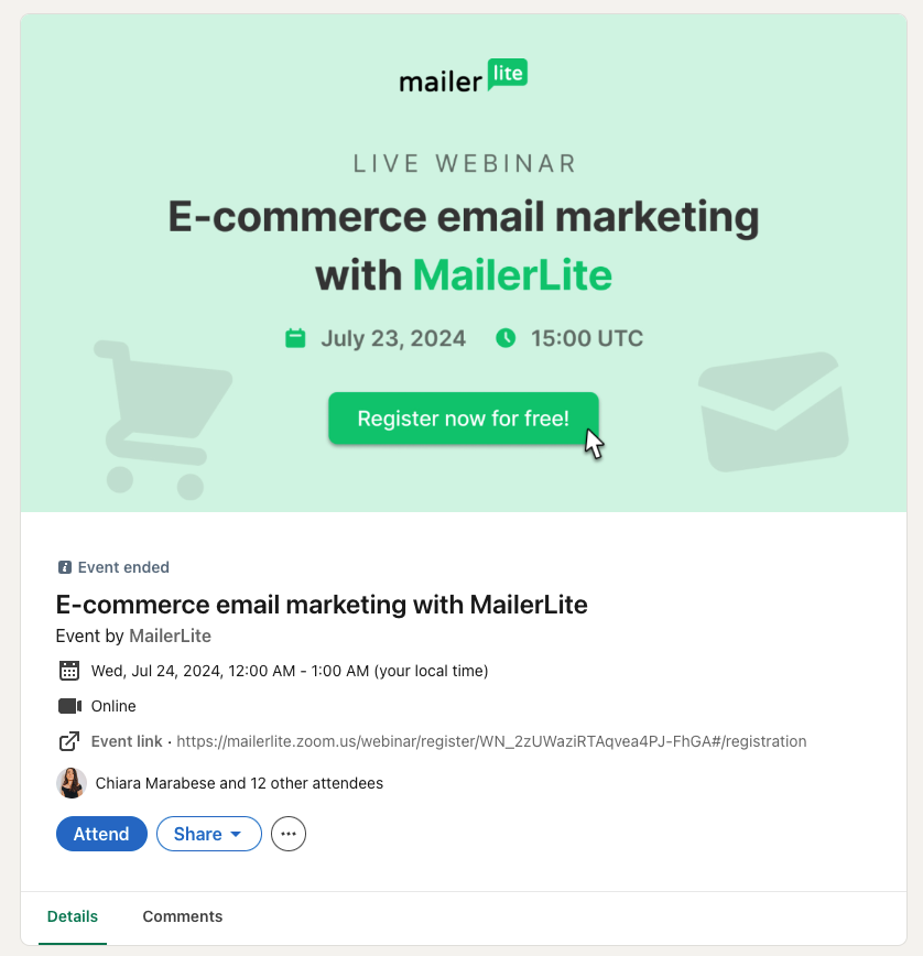 Screenshot of a LinkedIn event by MailerLite, promoting our upcoming e-commerce email marketing webinar