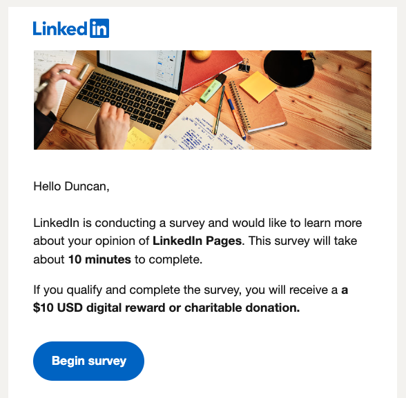 LinkedIn email offering a reward for taking a survey