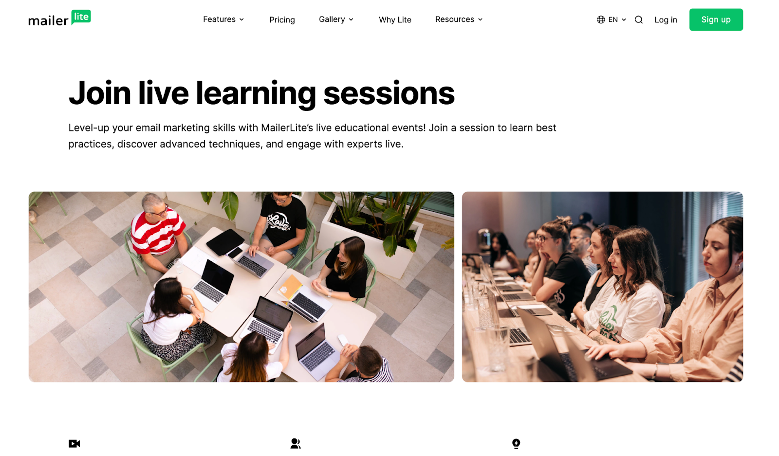 A screenshot of the MailerLite Live Learning Sessions webinar website page