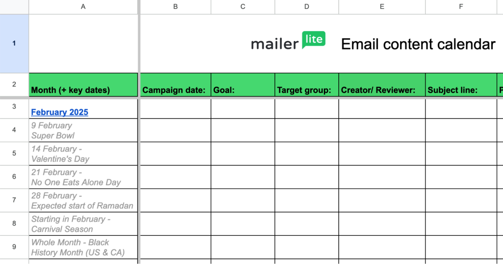 MailerLite content calendar screenshot for February 2025