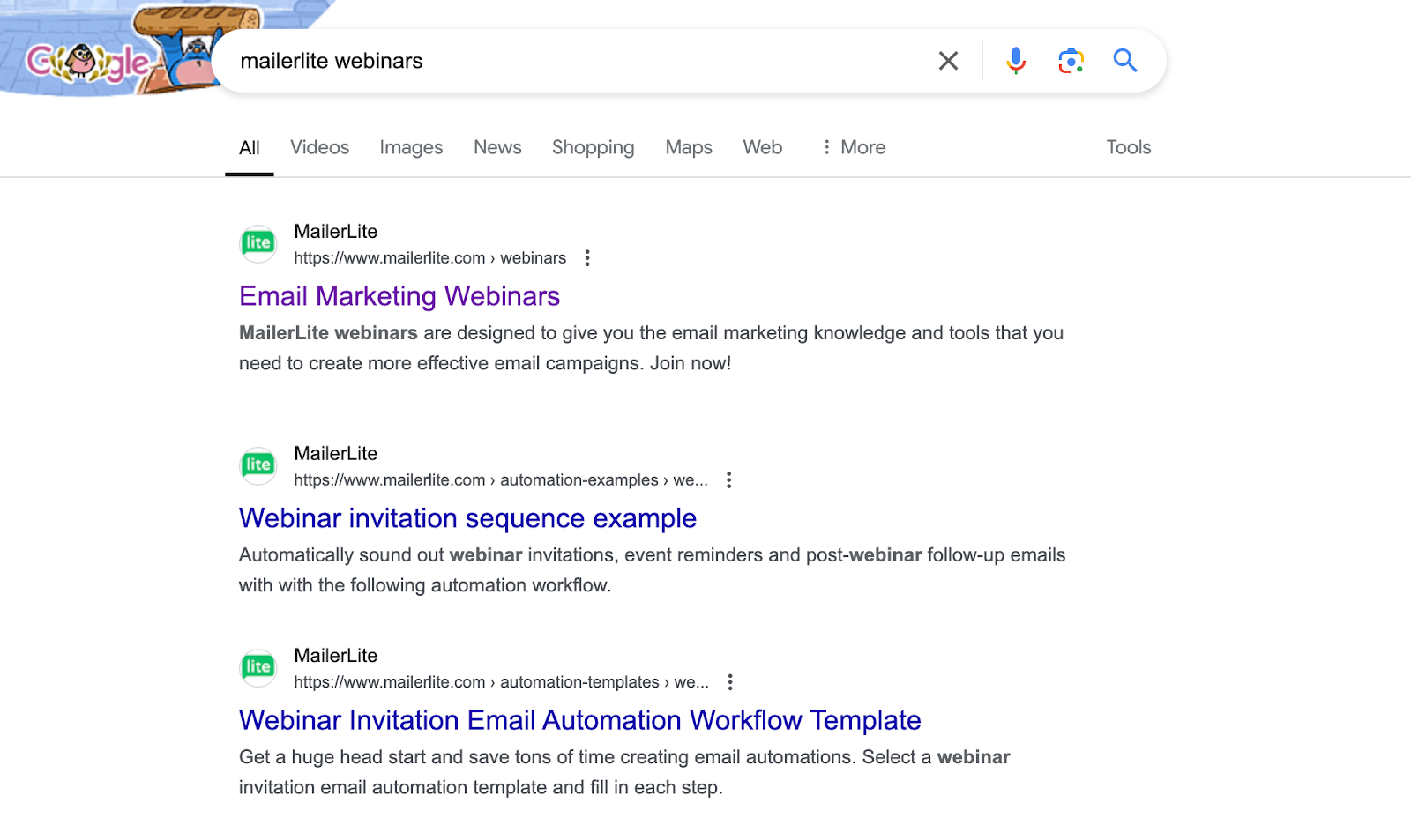 Screenshot of the Google search results when you search 'MailerLite webinars'