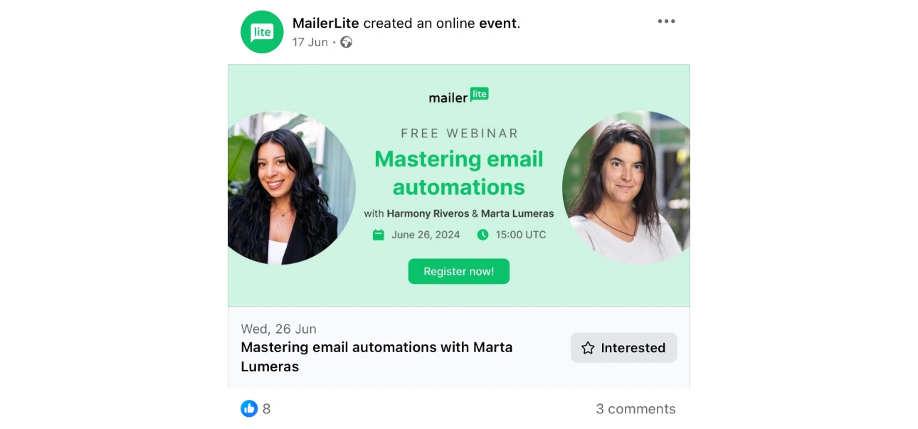 MailerLite webinar Facebook post example.