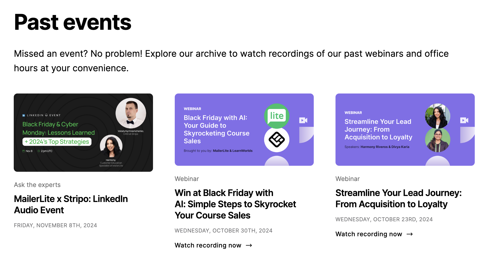 Screenshot of the past events section on the MailerLite webinar page