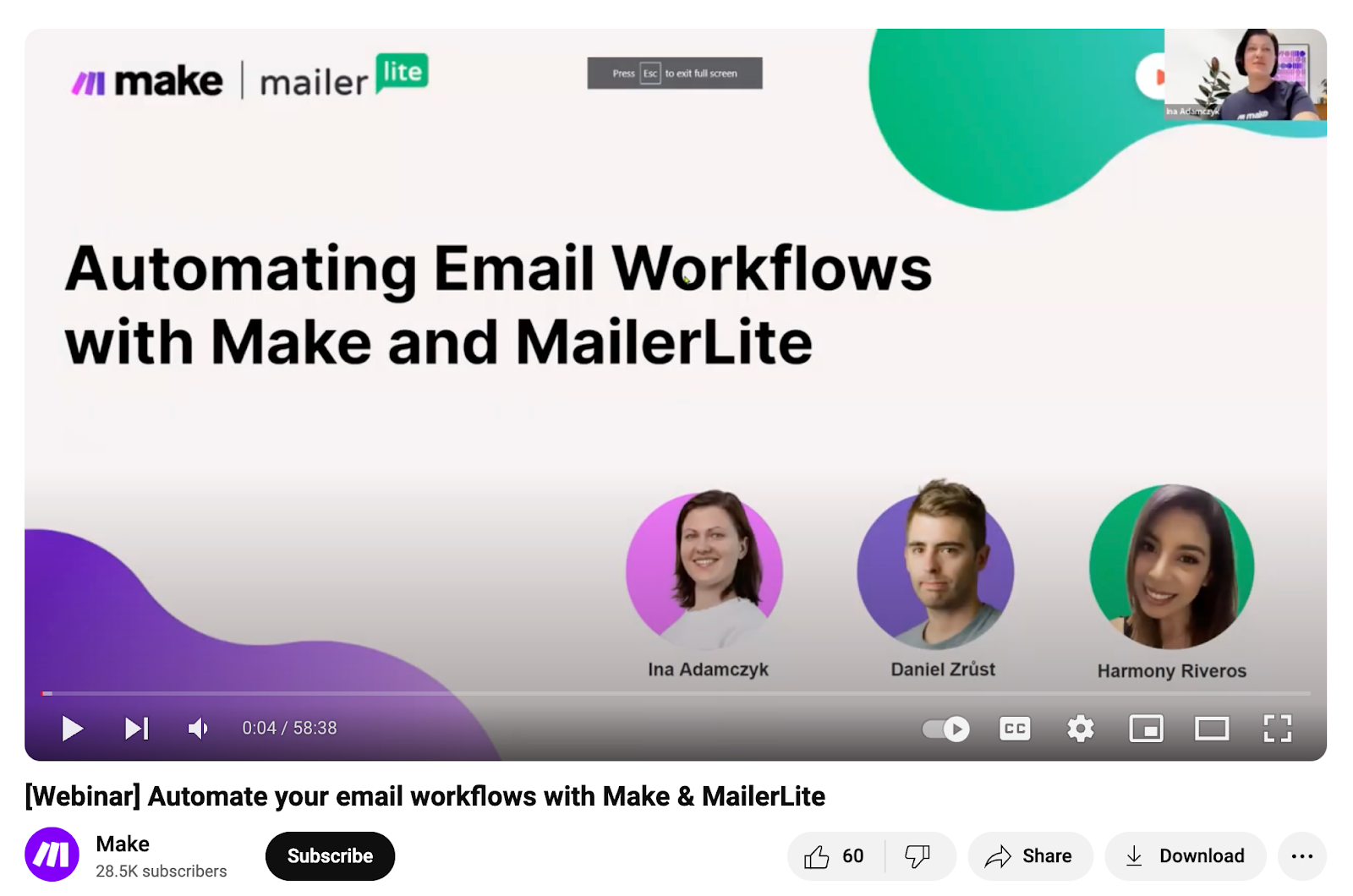 Screenshot of a webinar collaboration between Make.com and MailerLite.