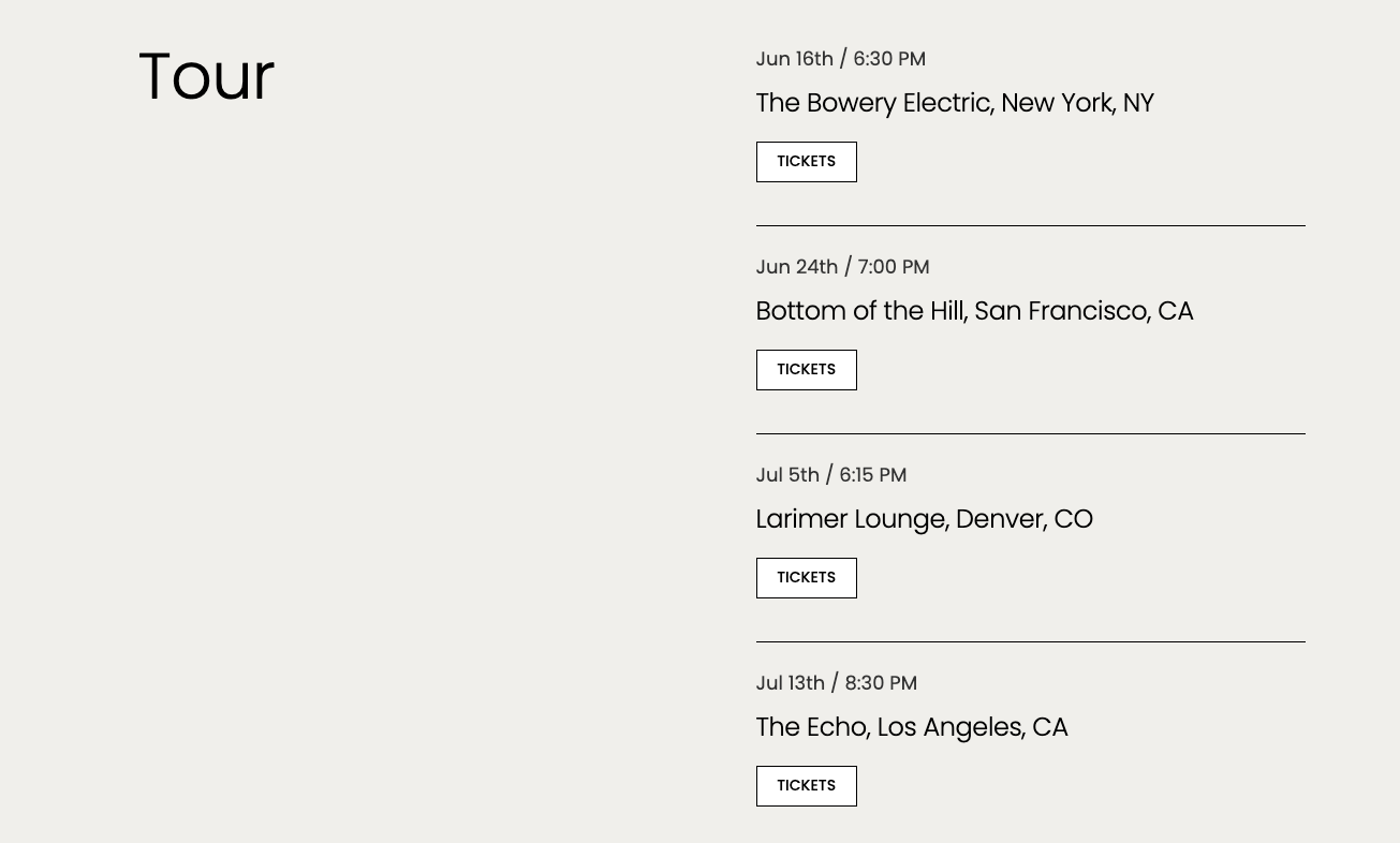 A series of upcoming tour dates displayed on a website