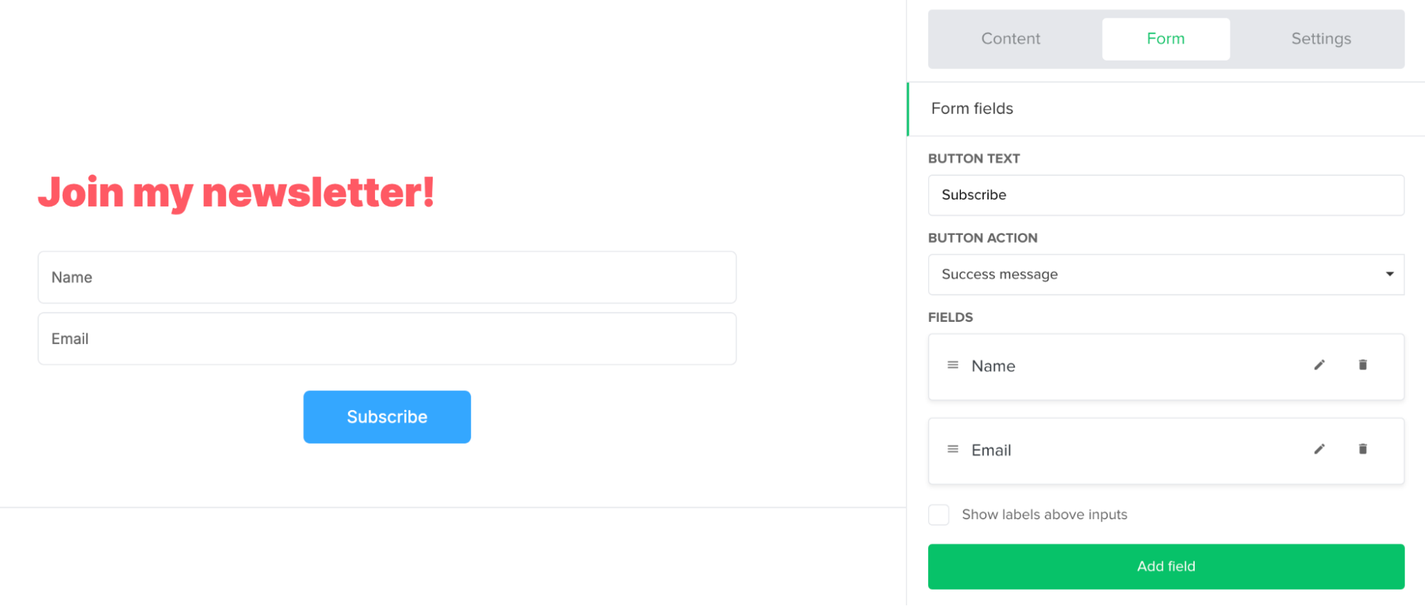 Website form in the MailerLite website builder