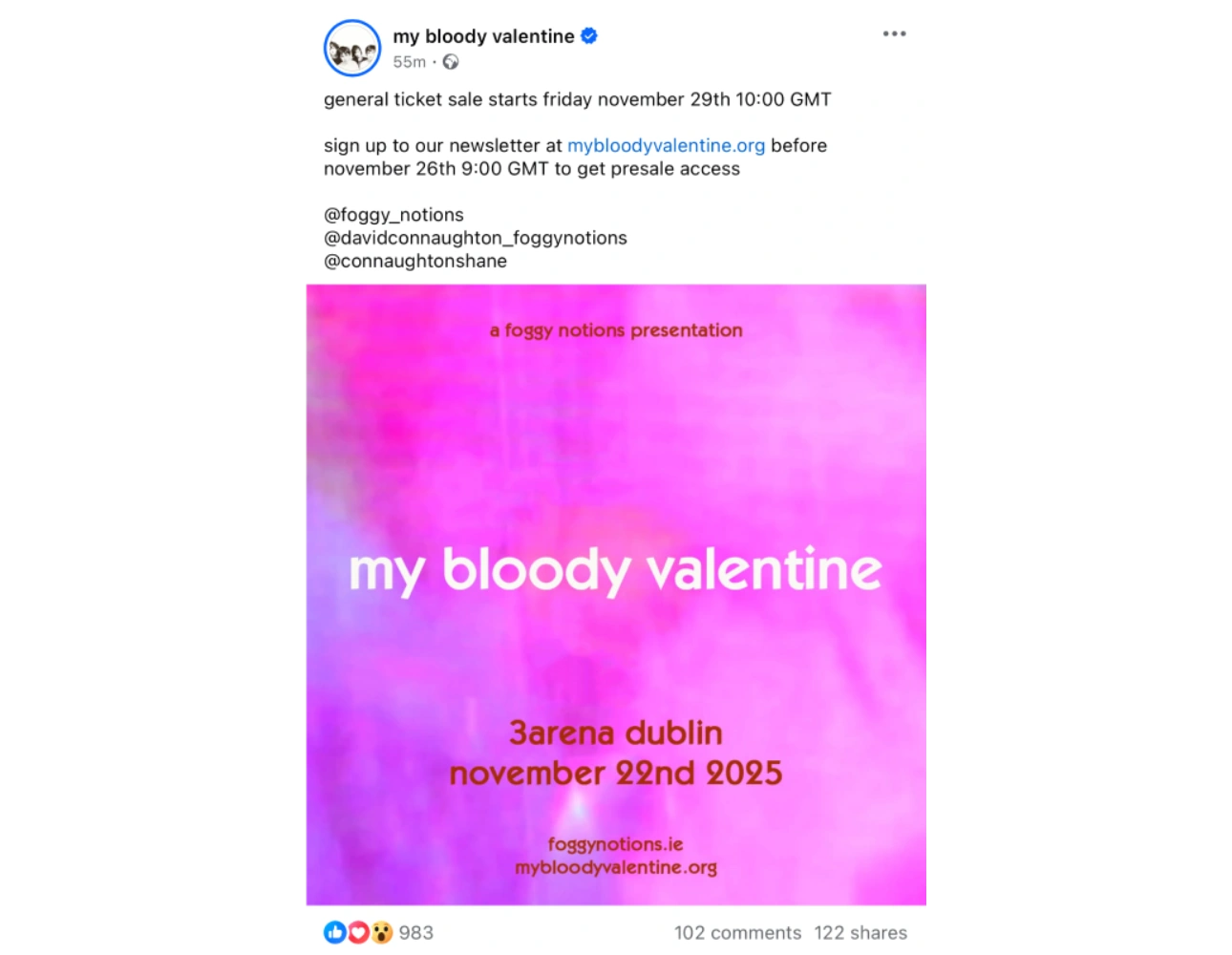 My Bloody Valentine Facebook post example with pink banner.