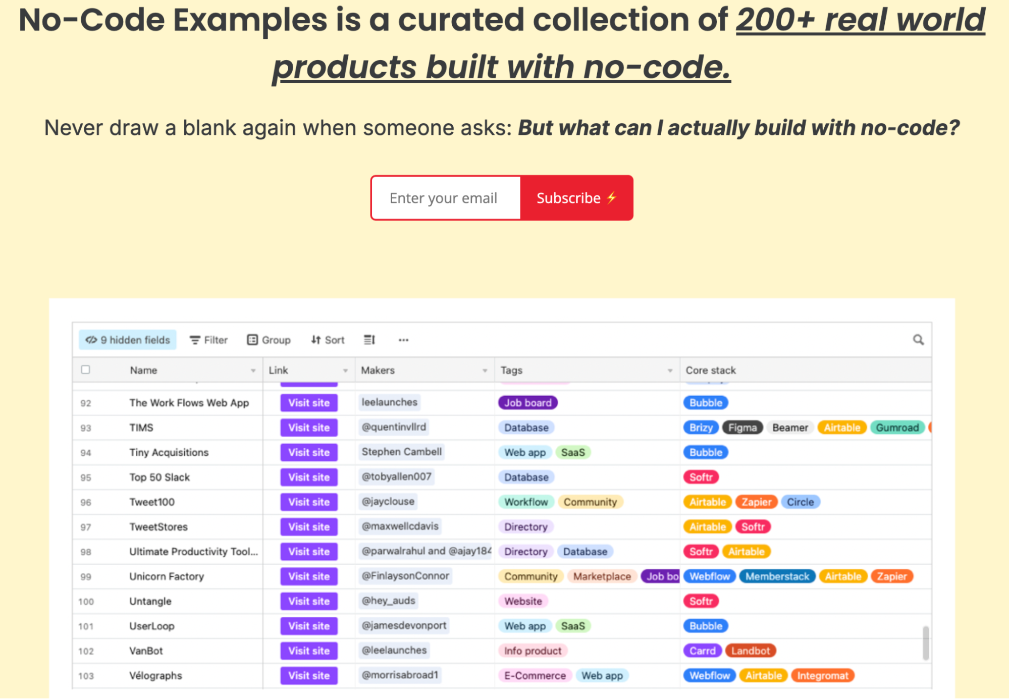 No-Code examples homepage screenshot