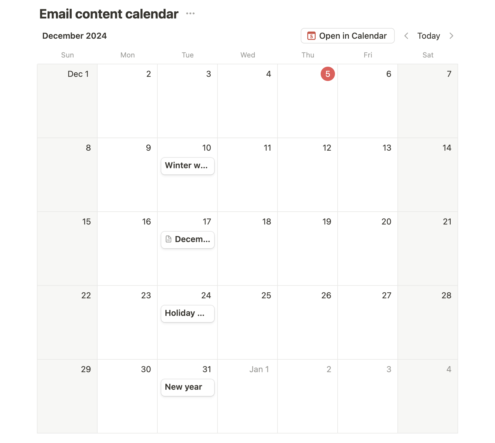 Screenshot of a Notion content calendar