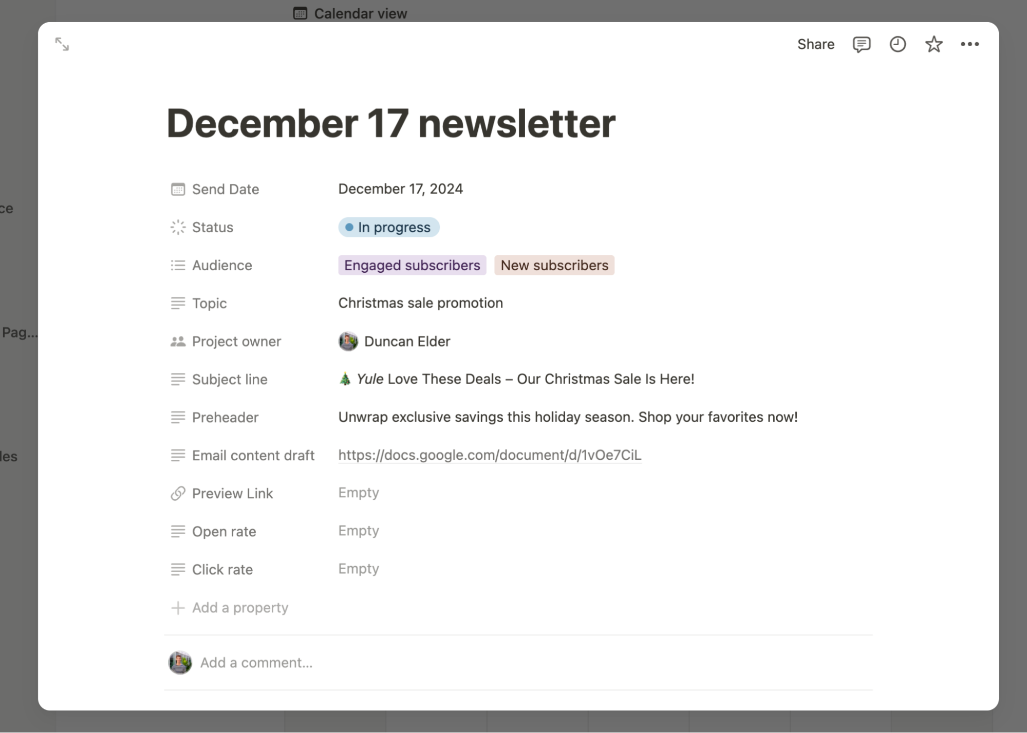 Screenshot of a page of a Notion content calendar