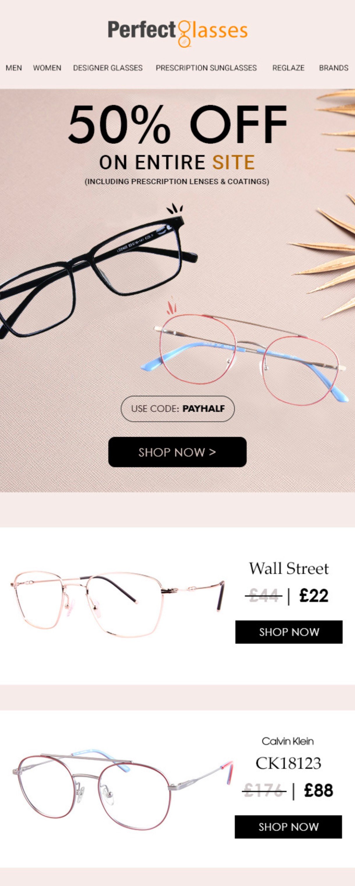 Responsywny projekt e-maila Perfectglasses.co.uk - przykład okularów