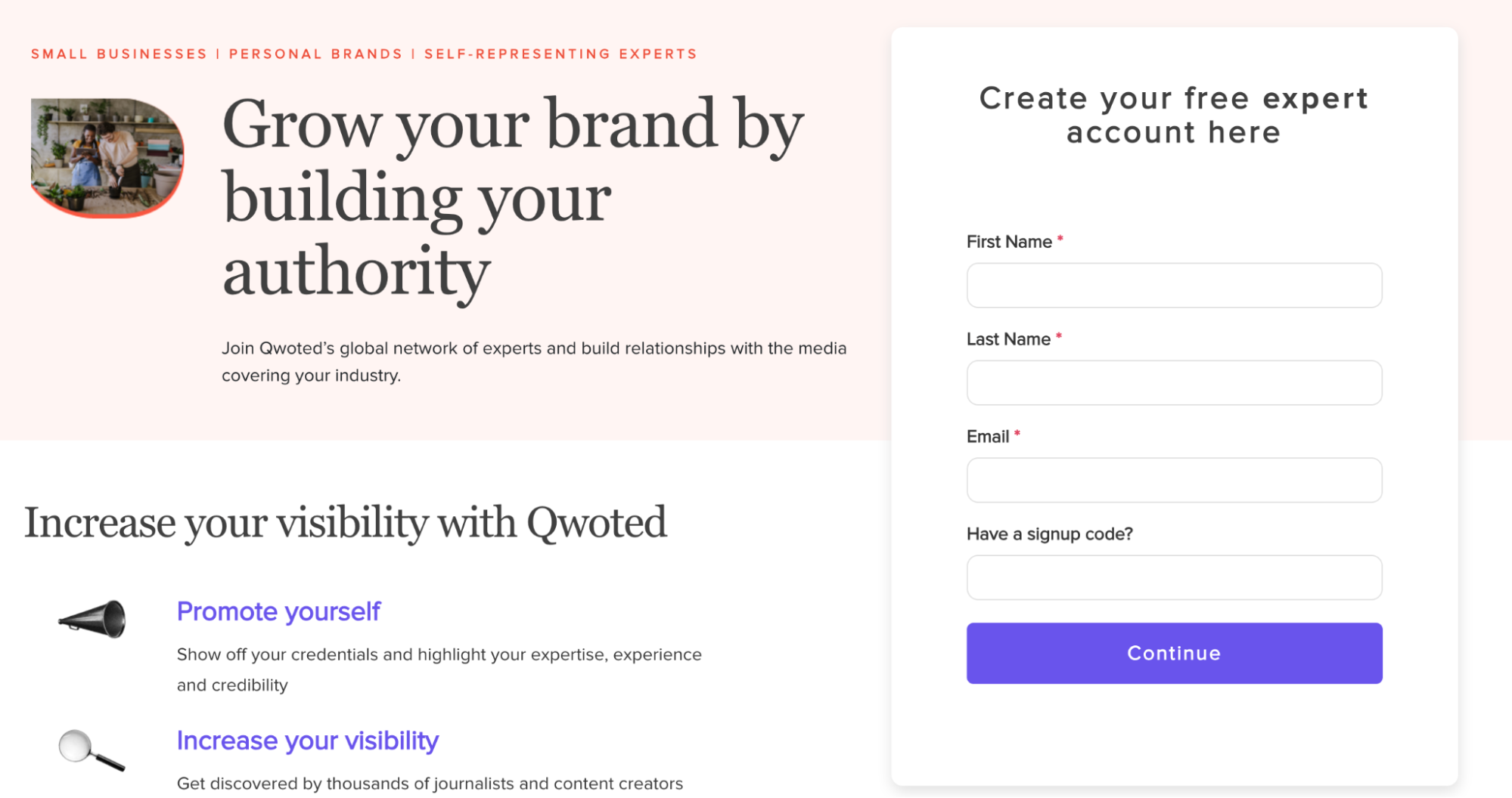 Qwoted signup page screenshot