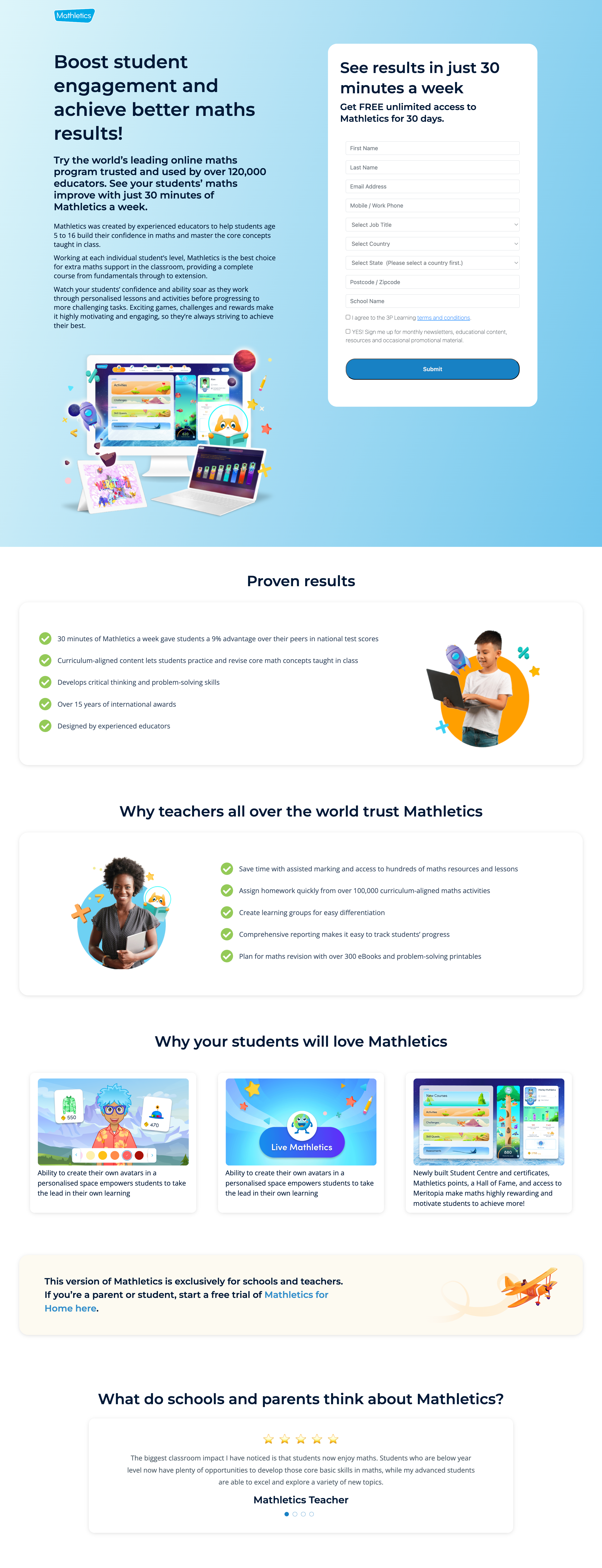 Mathletics landing page example