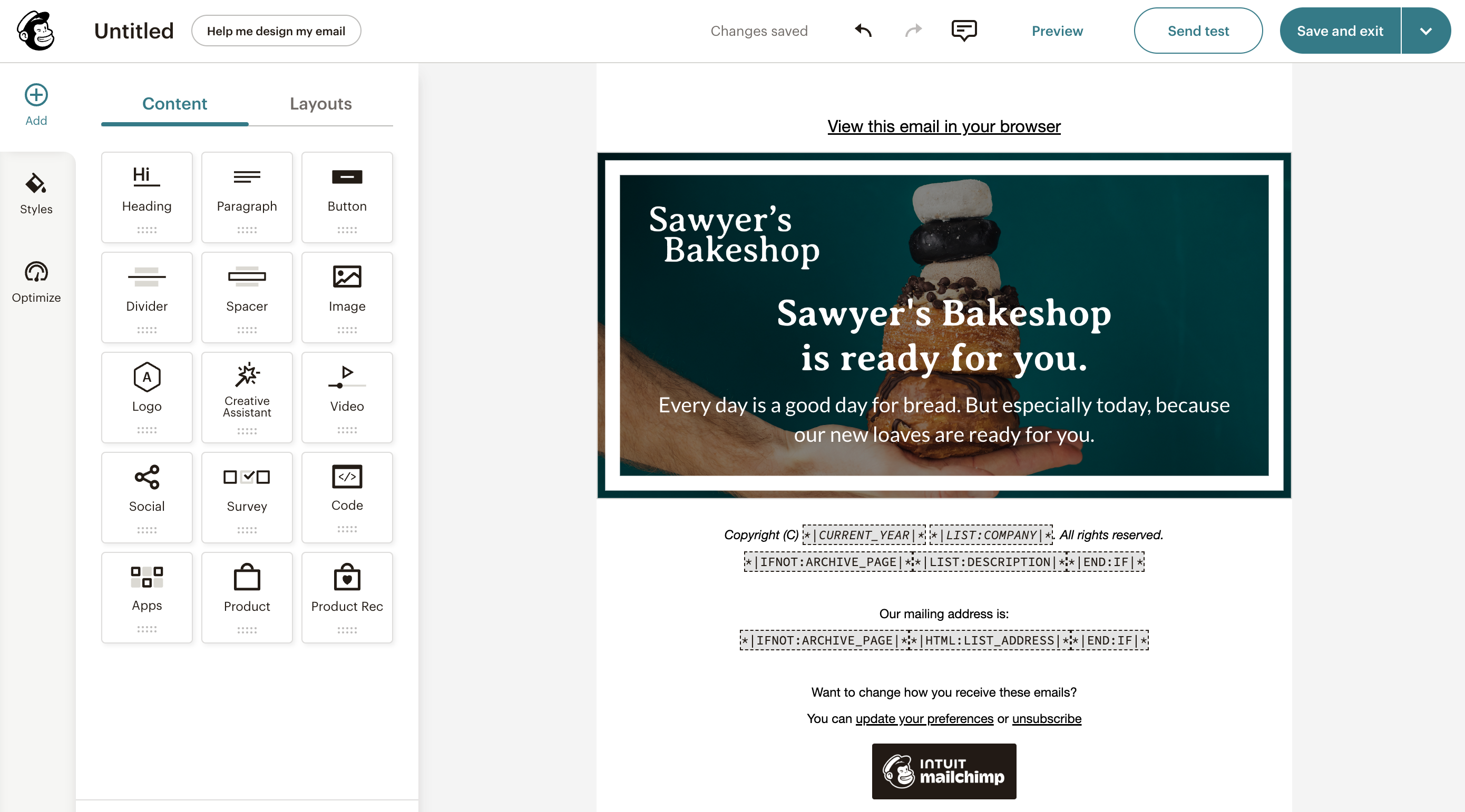 Screenshot of the Mailchimp email builder