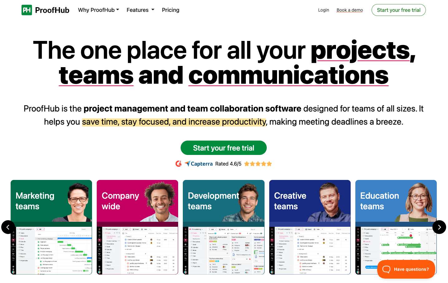 Screenshot of the Proofhub homepage