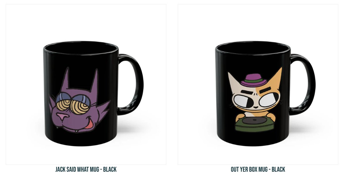 Two cups from an EDM label with cartoon cats