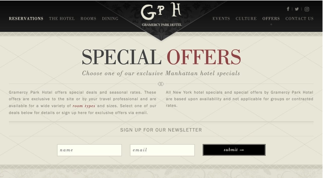 Gramercy Park Hotel ejemplo de formulario de suscripción a una oferta especial
