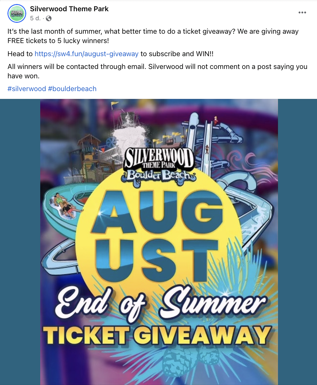 Facebook sweepstakes offer for Silverwood Theme Park