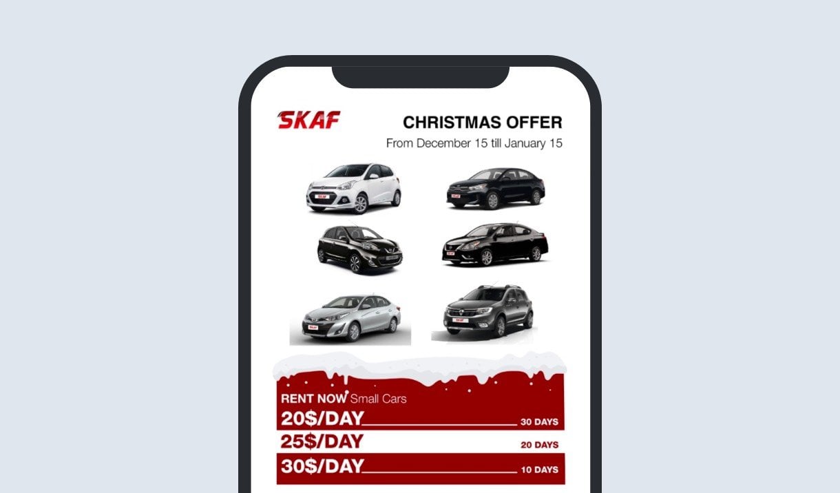 Newsletter de Navidad de SKAF con ofertas de autos sobre fondo blanco