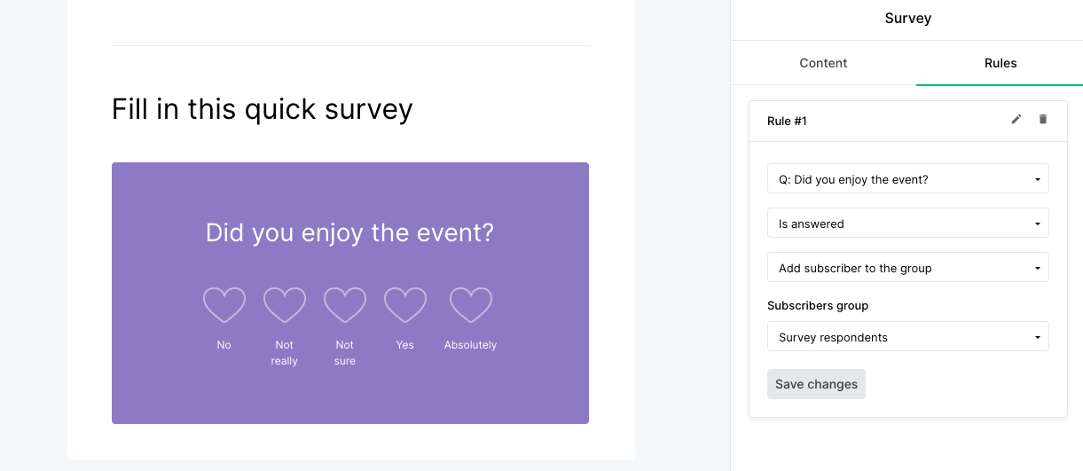 Survey rules settings in MailerLite app