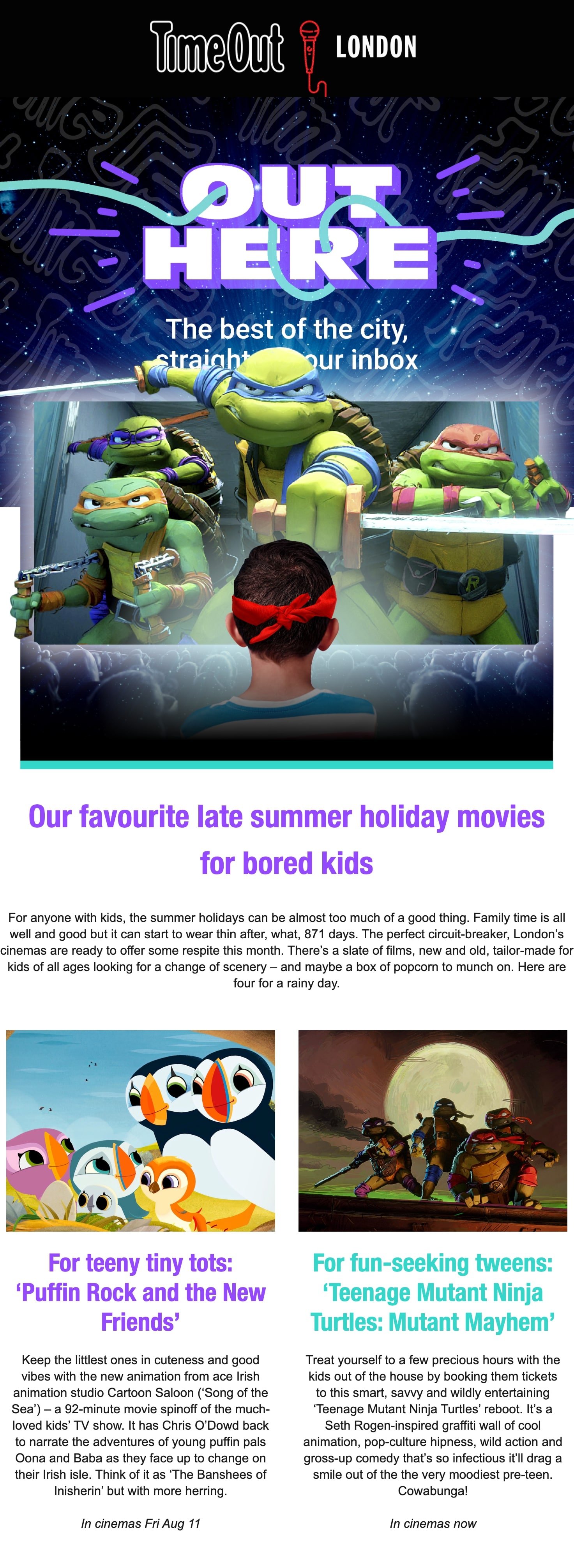 A family activity ideas from TimeOut London showing kids friendly cinema screening