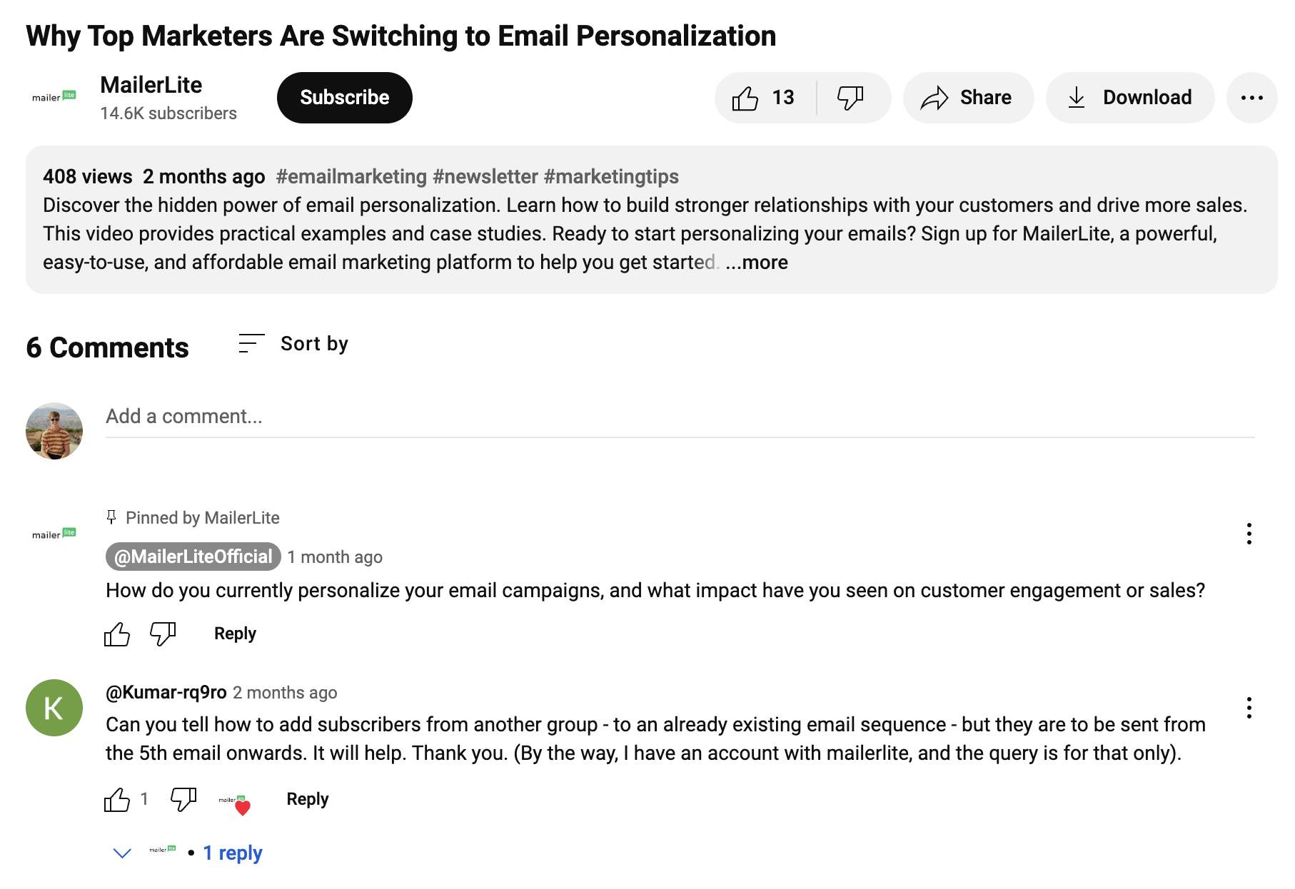 Pinned comment on a MailerLite YouTube video
