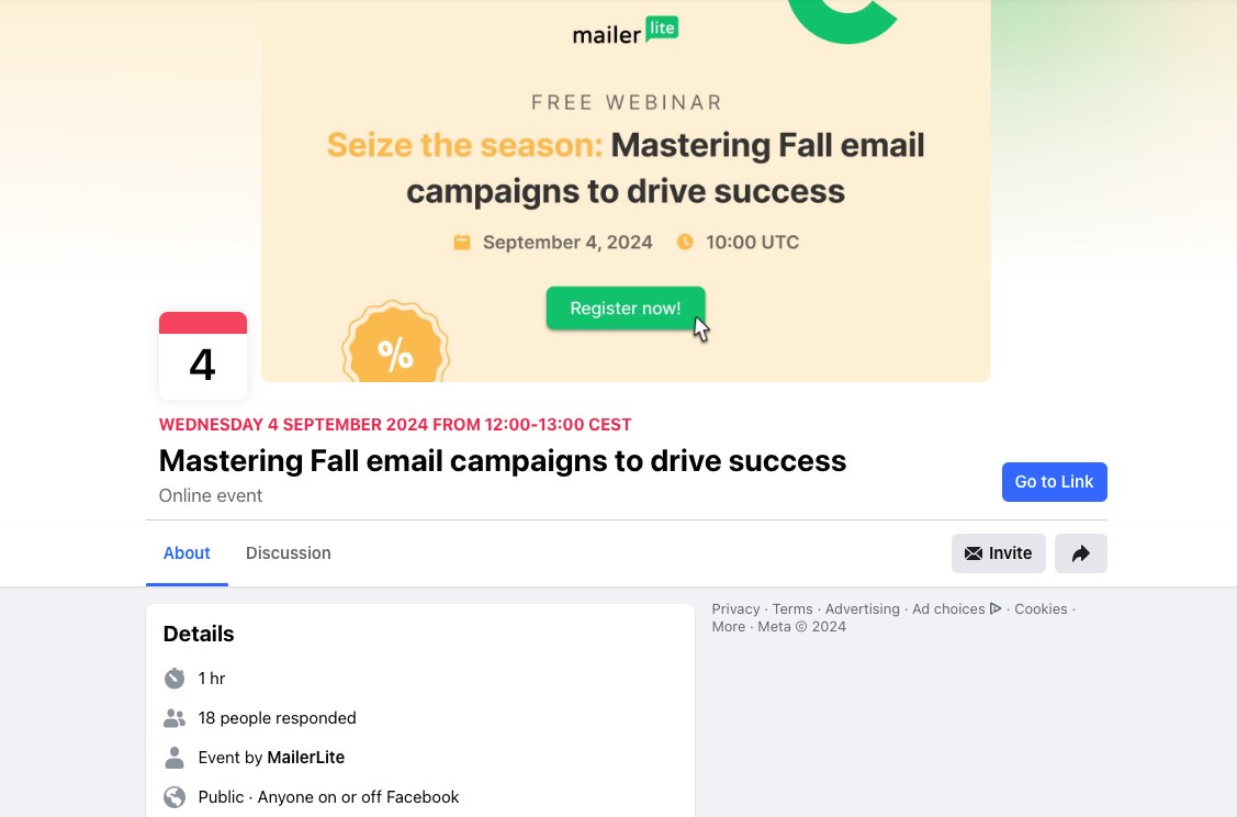 Screenshot of a MailerLite Facebook event, where we promote our fall email marketing webinar.