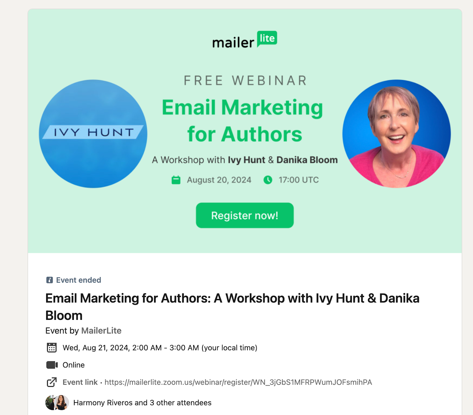 Screenshot of an event notification for a MailerLite webinar with 2 best-selling authors as guest speakers.