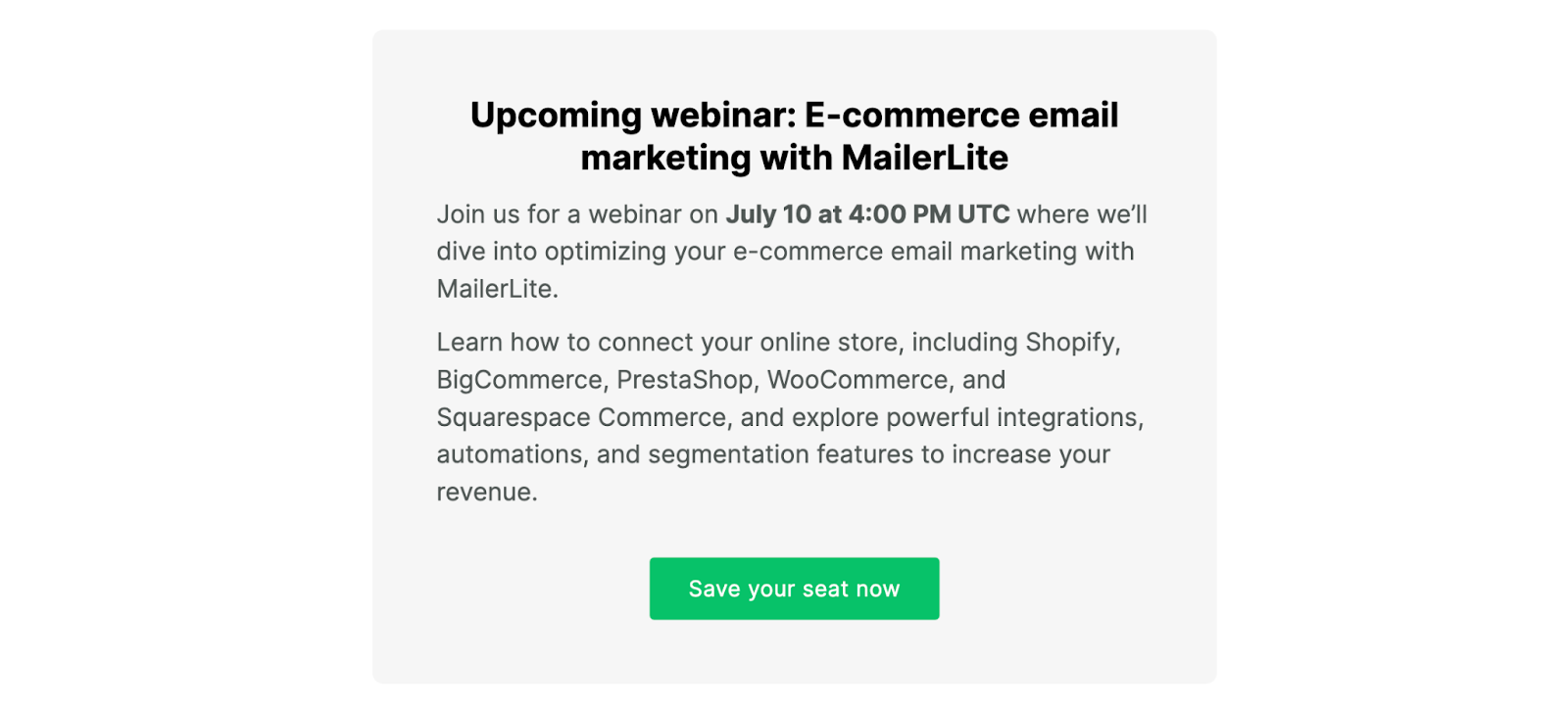 A newsletter block that reminds readers that there will be a webinar, and to click to save their seats