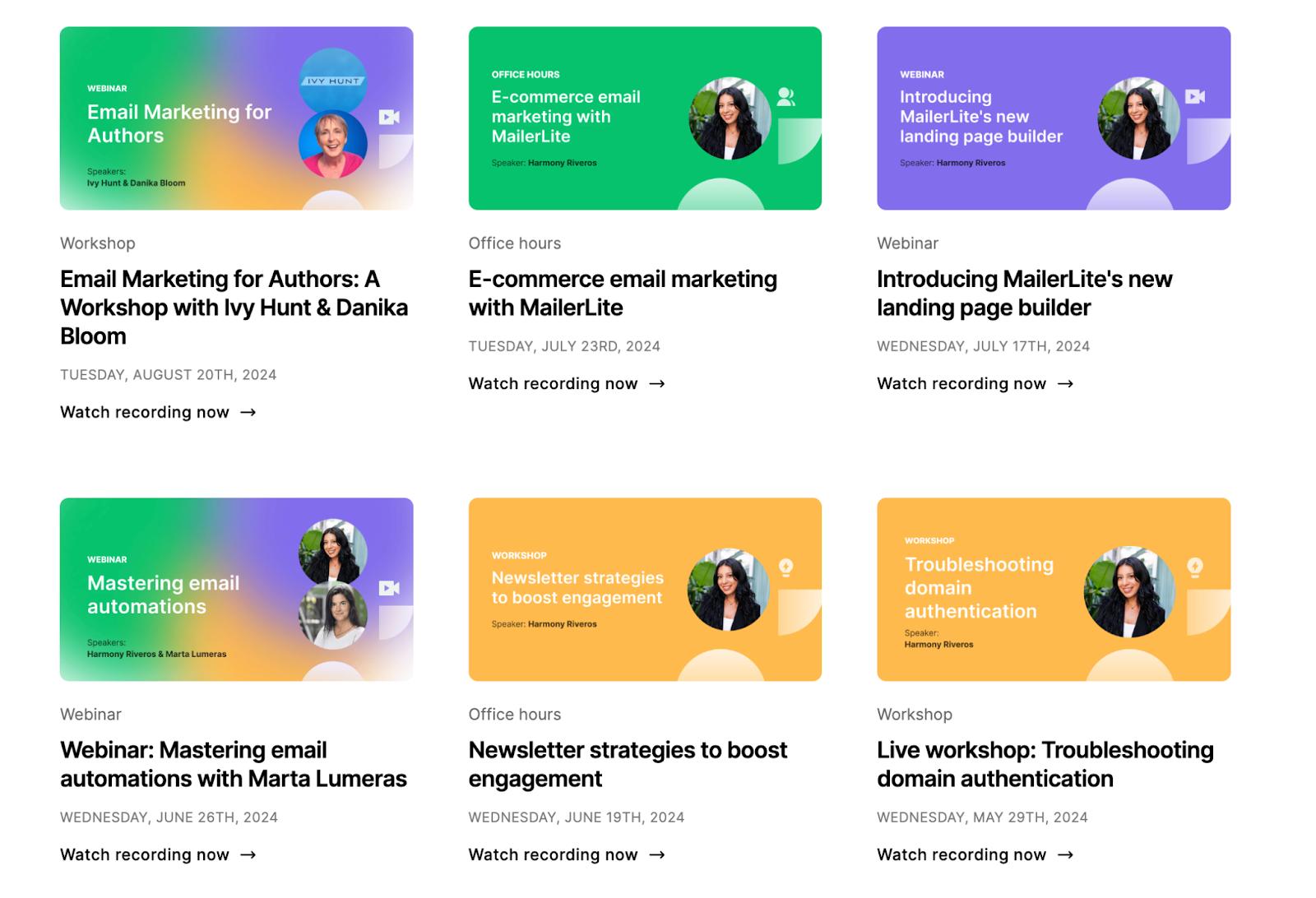 MailerLite webinars with their titles and descriptions.