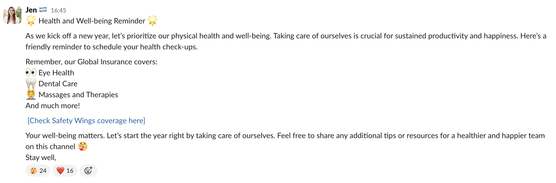 screenshot of message in #well-being channel