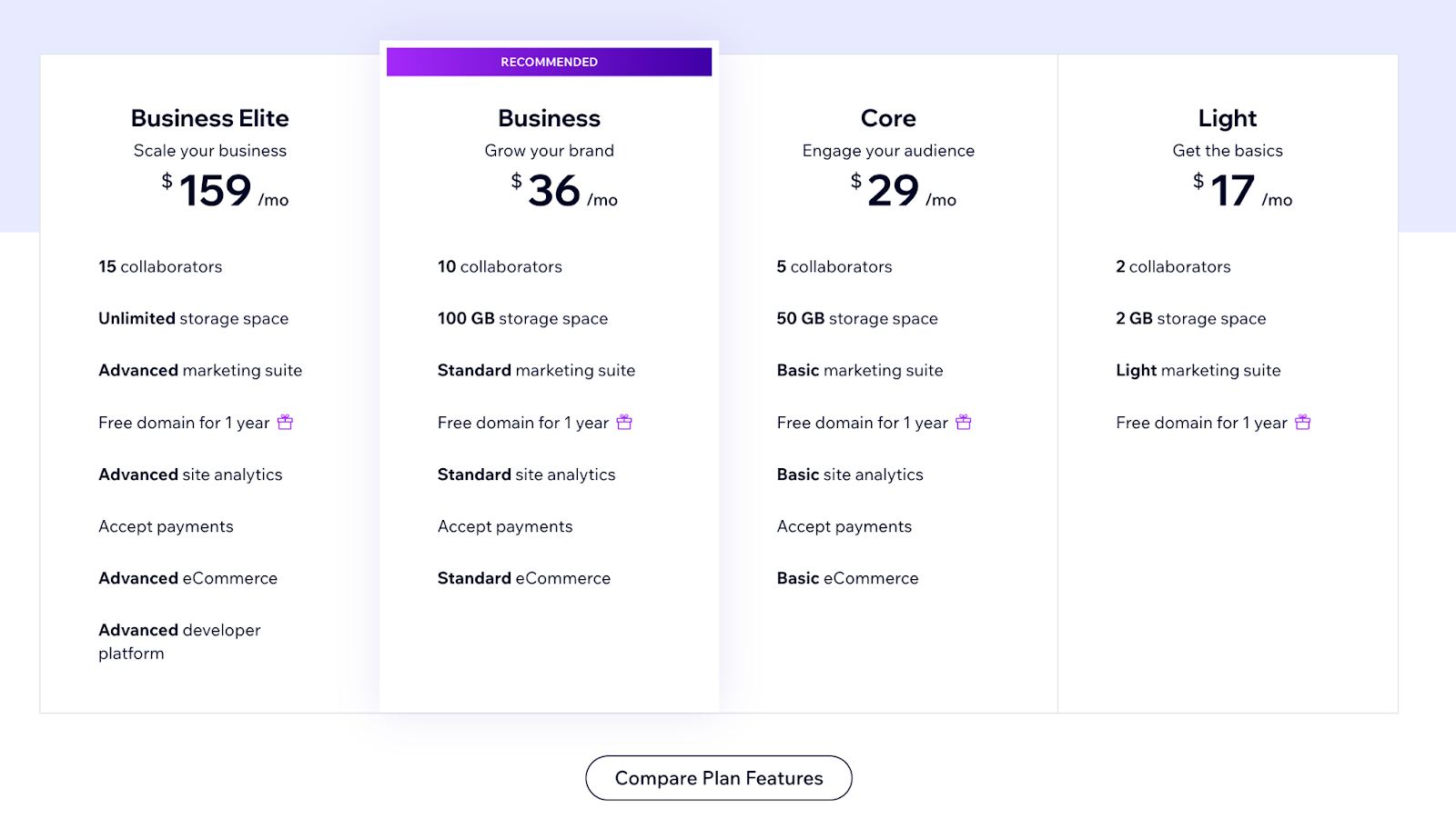 Wix pricing options