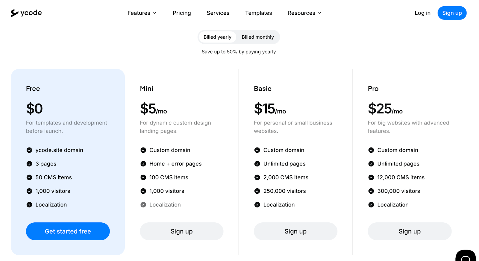 Ycode pricing page