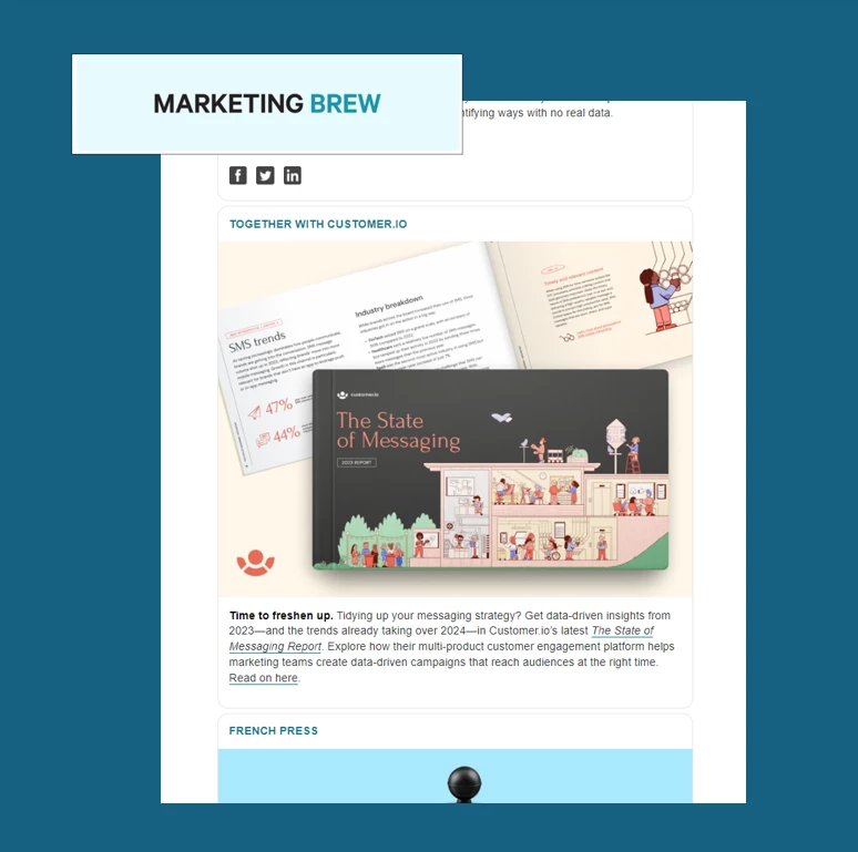 A sponsored email ad for Customer.IO, published in the Marketing Brew Newsletter