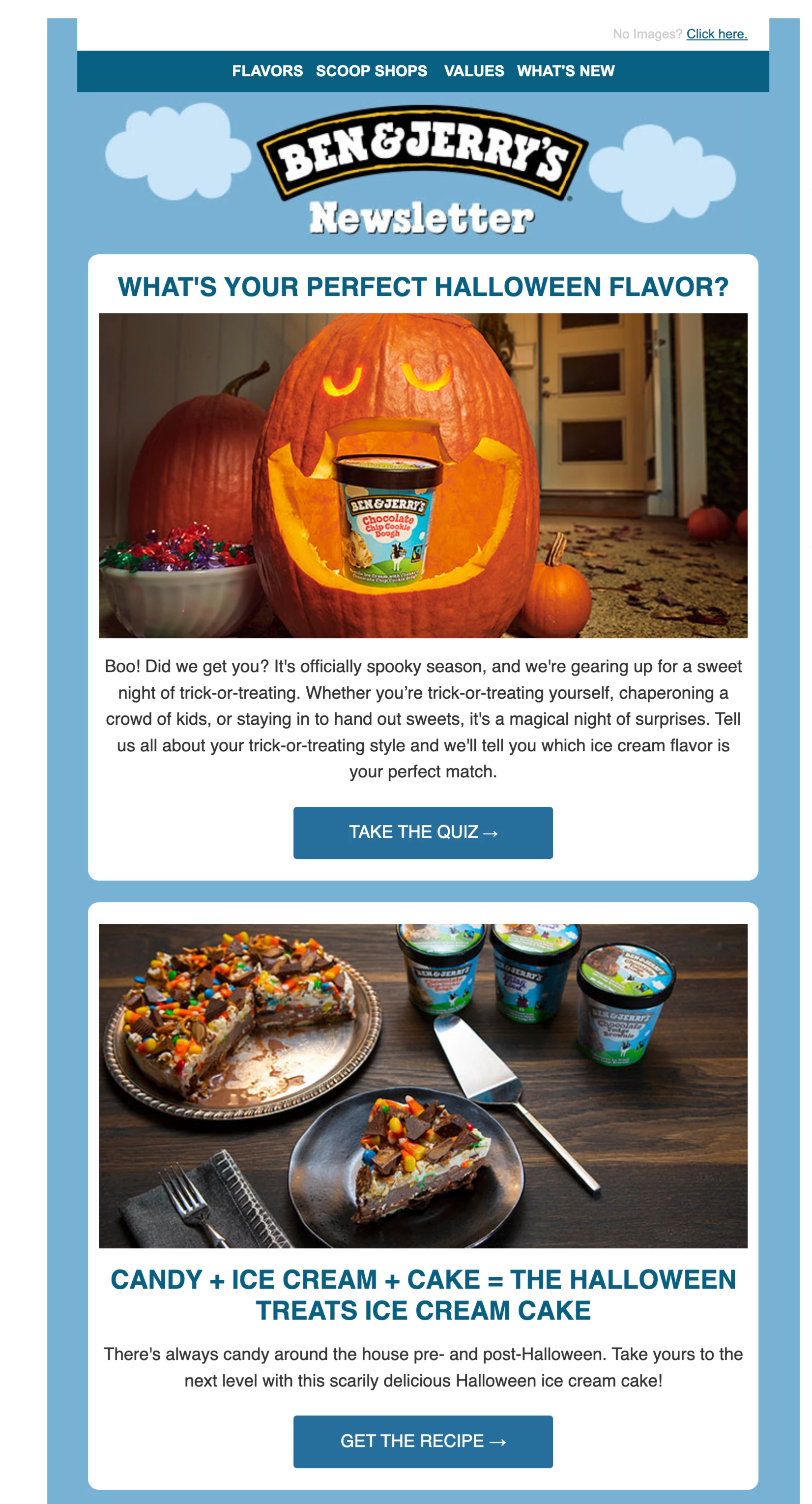 Screenshot showing how Ben and Jerrys used a quiz in their halloween newsletter 